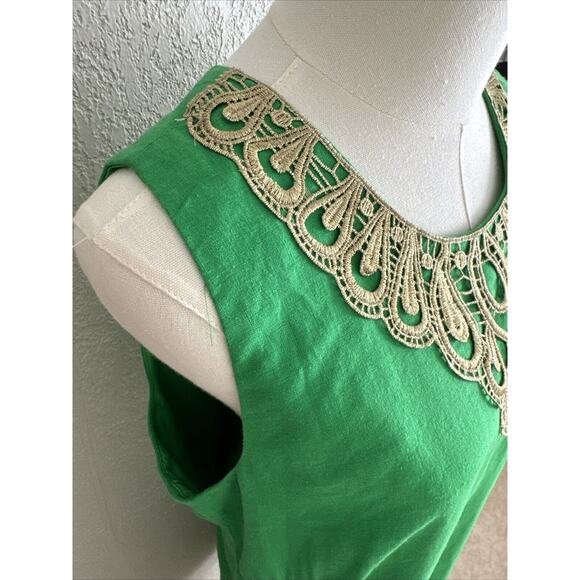 Linen Cocktail Formal Dress Midi Green Gold Embroidered Size 14 Zipper Back Rare - Picture 8 of 14